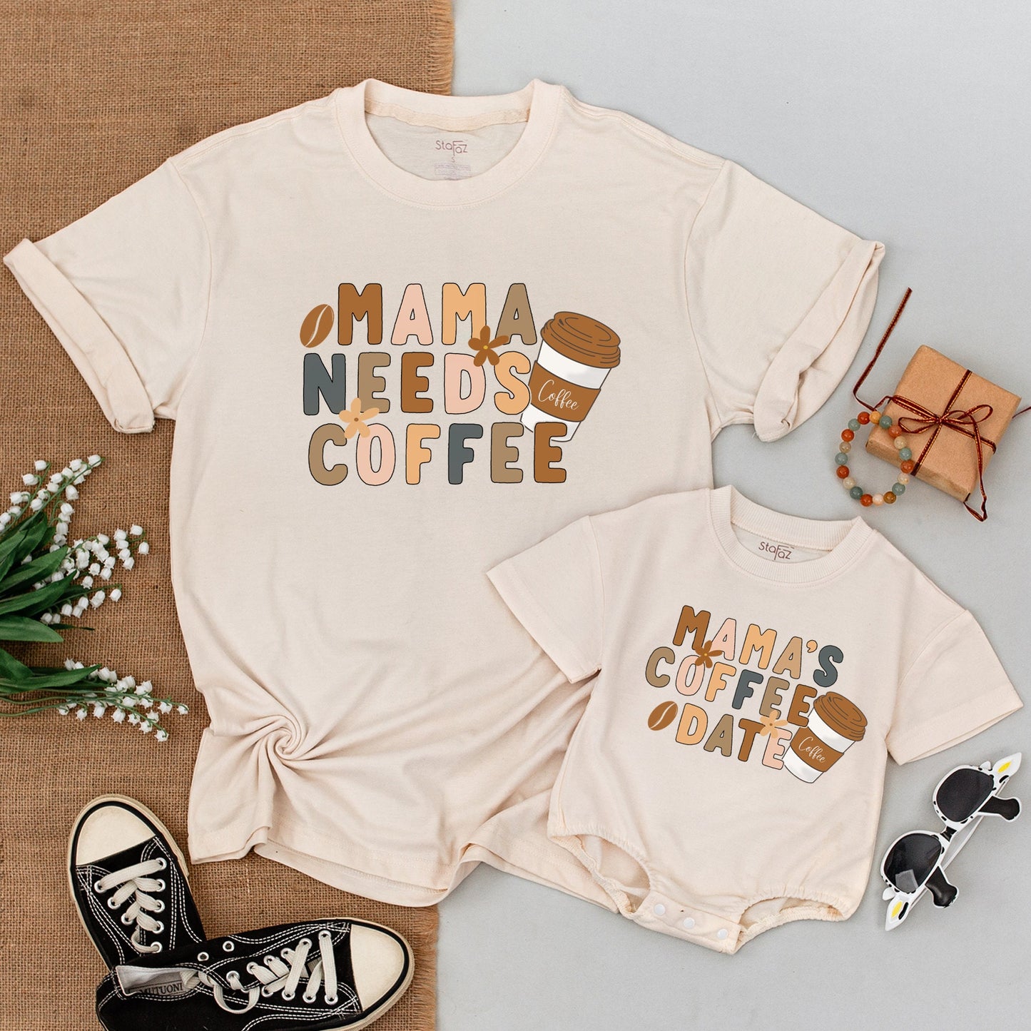 Mama Needs Coffee Matching Shirt Set: Boho Mommy and Me Outfits, Retro Mamas Coffee Date Baby Bodysuit, Earthy Tones, Coffee Lover Gift, Natural Apparel (139)