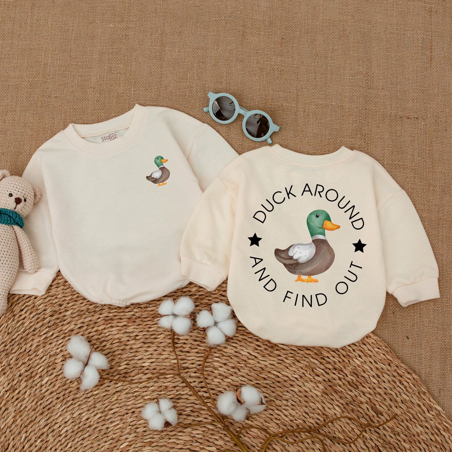 Duck Around and Find Out Funny Baby Romper Bodysuit Whimsical Duckling Infant Outfit Trending Animal Design Brown Green Orange Gift