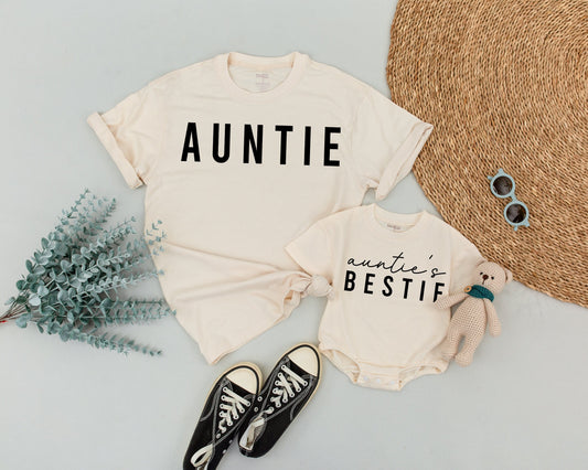 Personalized Auntie Bestie Matching Shirts for Baby Niece Nephew Modern Minimalist Black Text Design Soft Cotton Family Gift