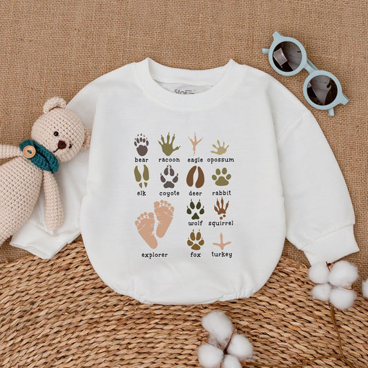 Whimsical Animal Track Prints Baby Romper Bodysuit Explorer Adventure Outfit Wild Paw Prints Natural Earth Tone Colors Educational Wildlife