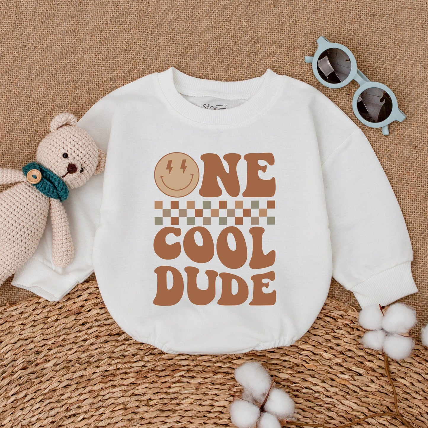 One Cool Dude Baby Romper Bodysuit First Birthday Outfit Smiley Face Design Checkerboard Pattern Soft Cotton Newborn Cake Smash Gift