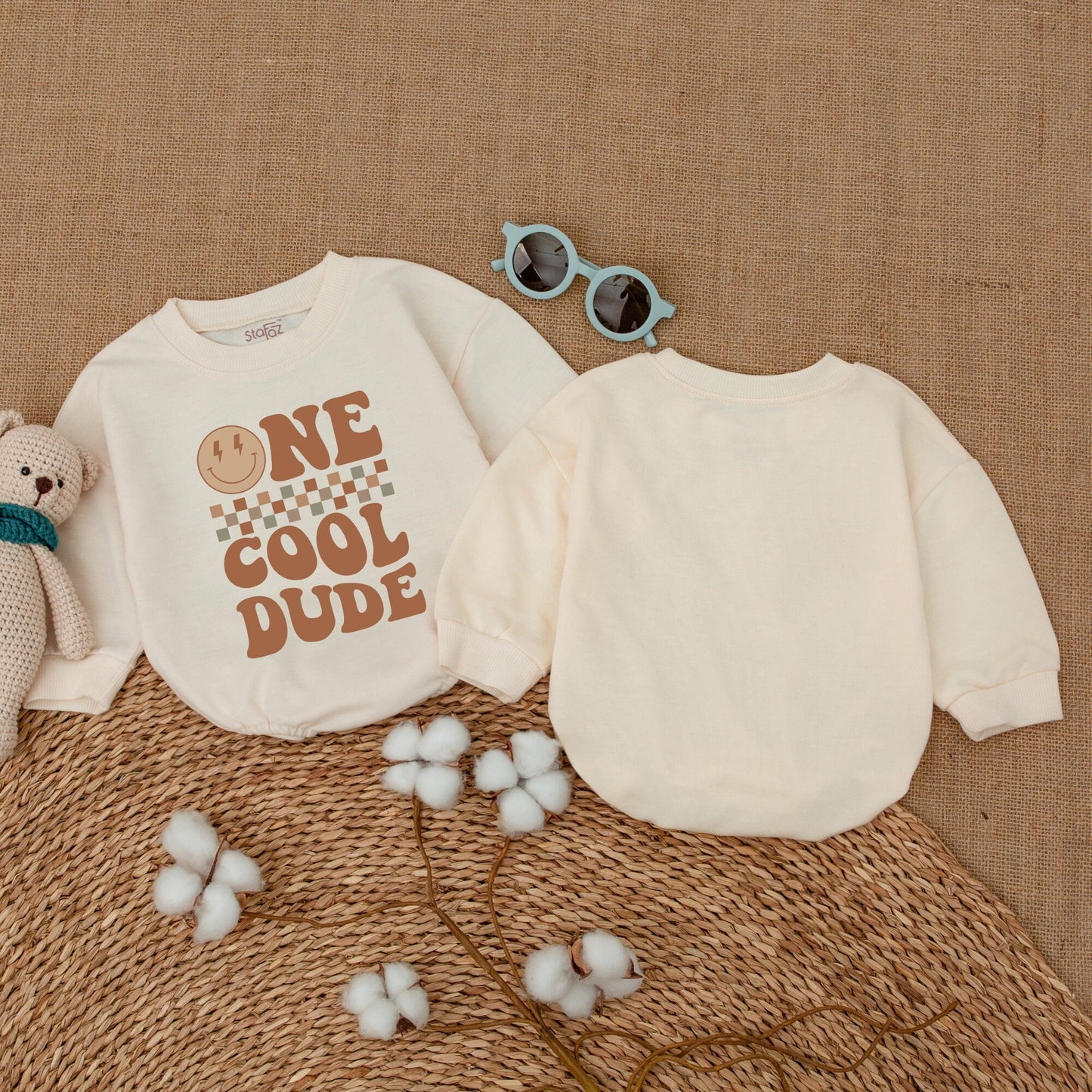 One Cool Dude Baby Romper Bodysuit First Birthday Outfit Smiley Face Design Checkerboard Pattern Soft Cotton Newborn Cake Smash Gift