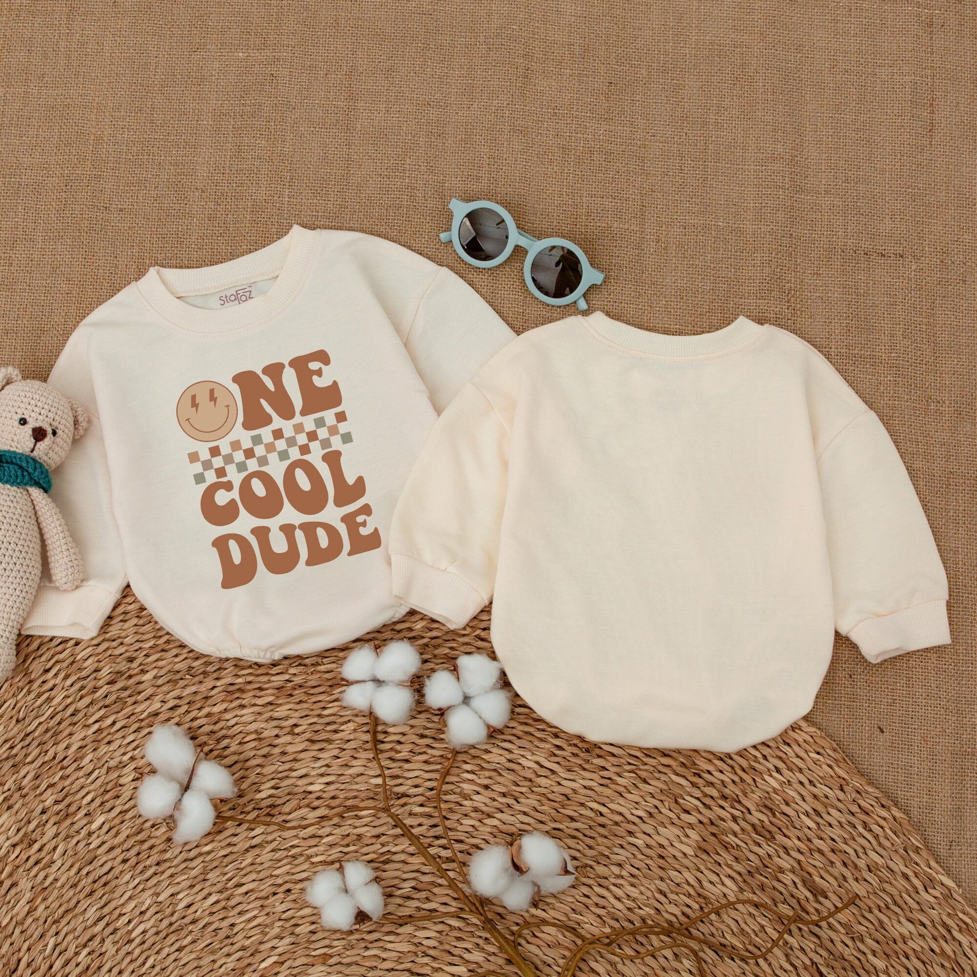 One Cool Dude Baby Romper Bodysuit First Birthday Outfit Smiley Face Design Checkerboard Pattern Soft Cotton Newborn Cake Smash Gift