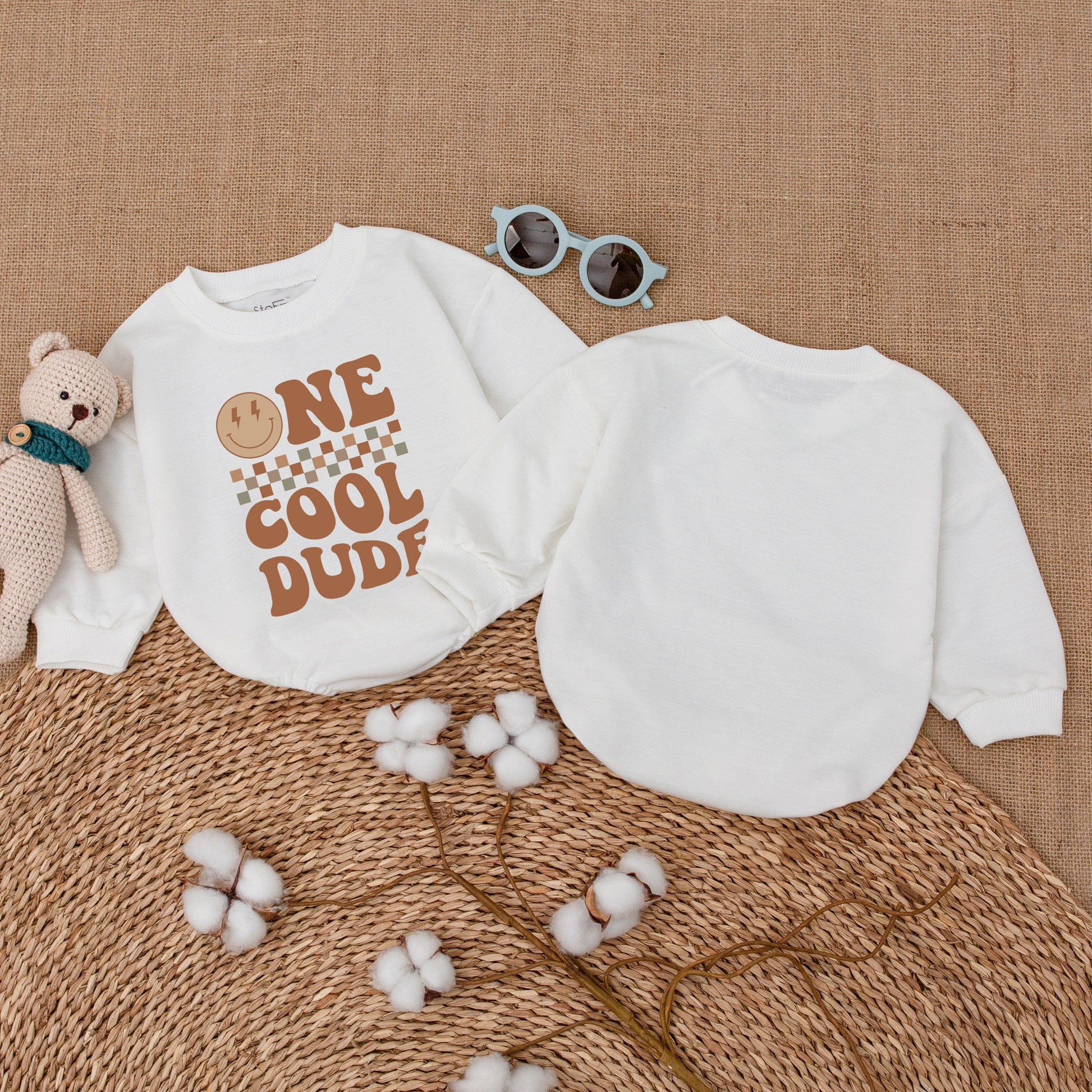 One Cool Dude Baby Romper Bodysuit First Birthday Outfit Smiley Face Design Checkerboard Pattern Soft Cotton Newborn Cake Smash Gift