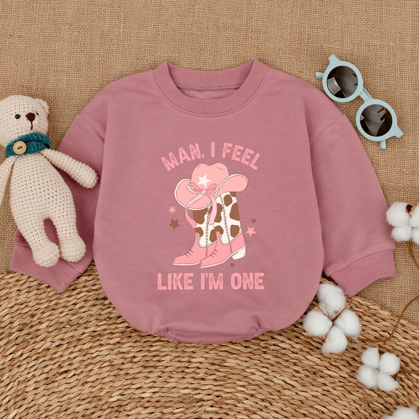 Man I Feel Like I'm One Baby Girl Western Cowgirl Bubble Romper First Birthday Outfit My First Rodeo Celebration Bodysuit