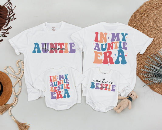 Personalized Retro Auntie & Me Shirts In My Era Auntie's Bestie Matching Outfit Aunt Niece Nephew Birthday Gift Baby Announcement Fun Colorful Custom Name 70s Inspired