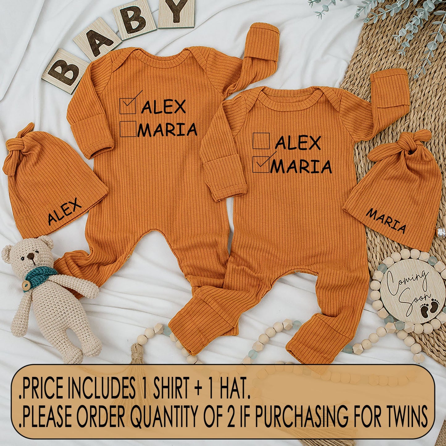 Baby Twin Outfits, Cute Alex Maria Checkbox Name Twin Baby Bodysuit and Hat Set, Newborn Twin Shower Gift