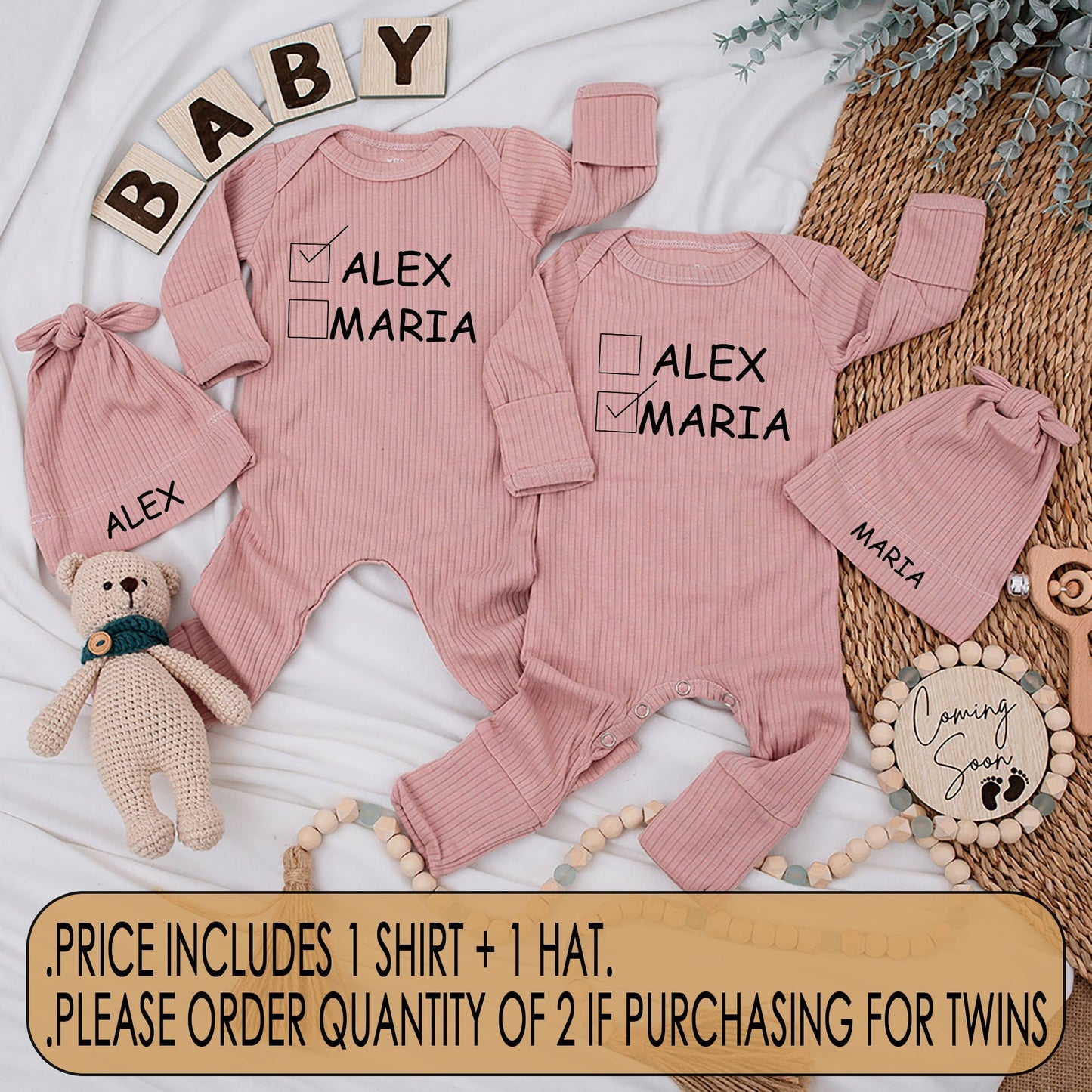 Baby Twin Outfits, Cute Alex Maria Checkbox Name Twin Baby Bodysuit and Hat Set, Newborn Twin Shower Gift