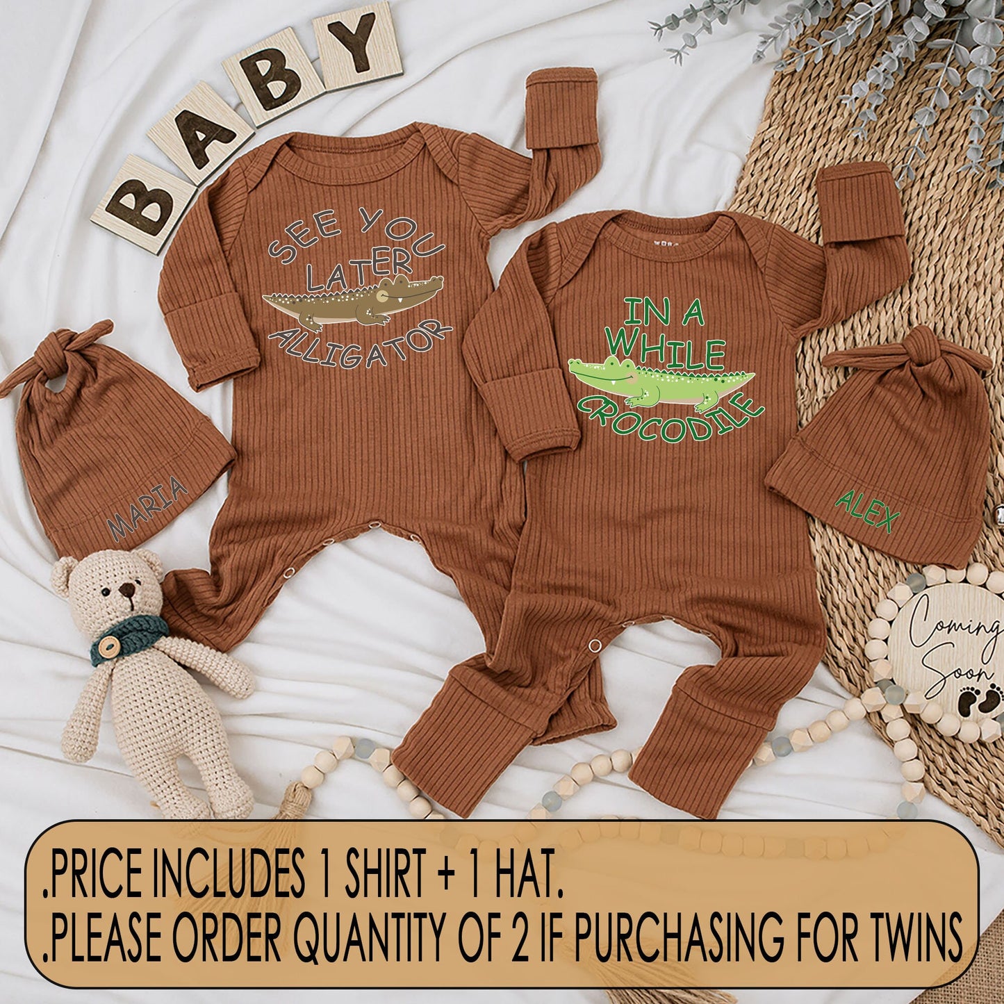 Cute Matching Twin Baby Bodysuit and Hat Set See You Later Alligator In A While Crocodile Newborn Soft Cotton Best Friends Gift