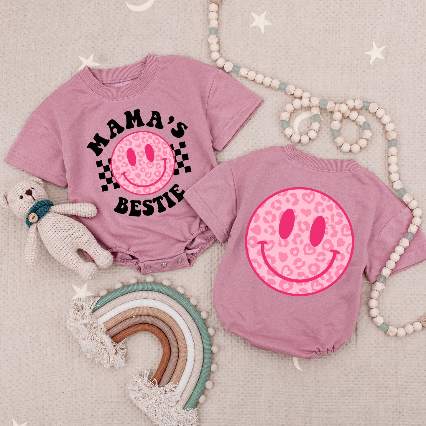 Mommy & Me Mama's Bestie Pink Smiley Face Romper Leopard Print Checkered Baby Girl Outfit Soft Cotton Mother's Day Gift