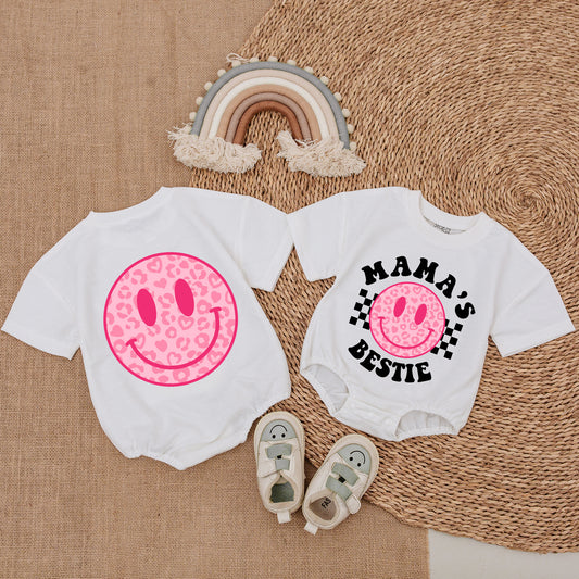 Mommy & Me Mama's Bestie Pink Smiley Face Romper Leopard Print Checkered Baby Girl Outfit Soft Cotton Mother's Day Gift