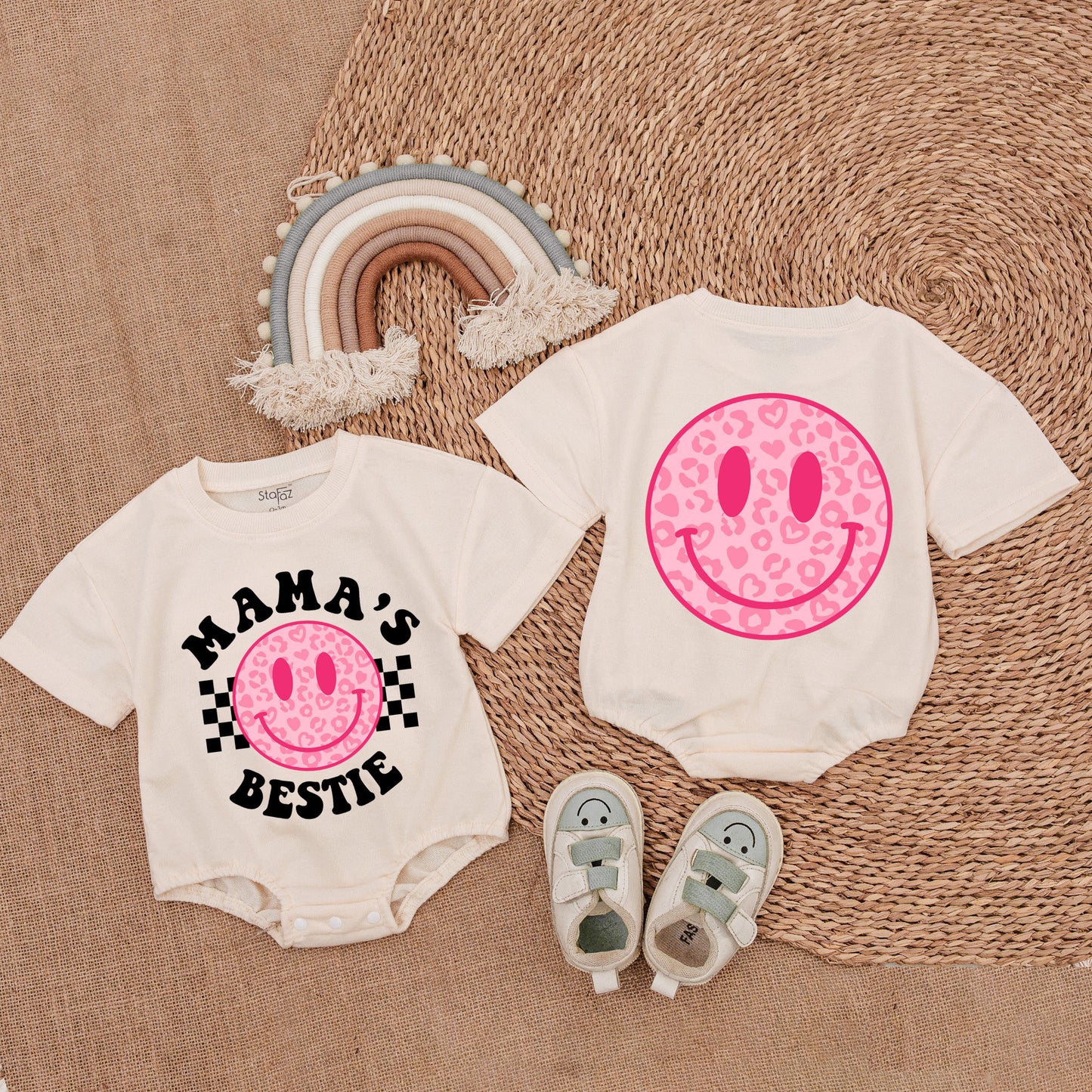 Mommy & Me Mama's Bestie Pink Smiley Face Romper Leopard Print Checkered Baby Girl Outfit Soft Cotton Mother's Day Gift