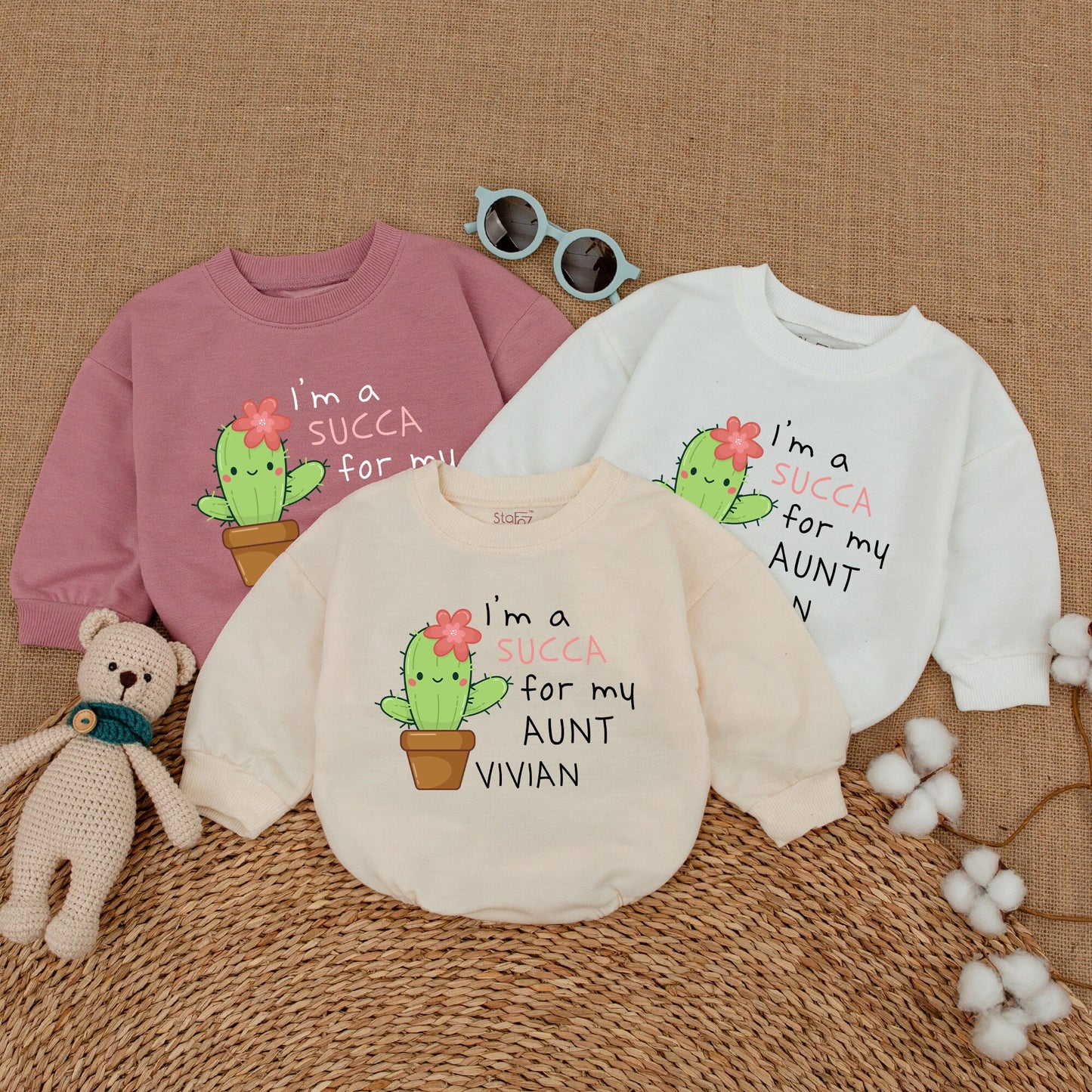 Personalized I'm a SUCCA for My Aunt Cactus Baby Romper with Adorable Pink Flower Design, Auntie's Bestie Niece Funny Baby Shower Gift
