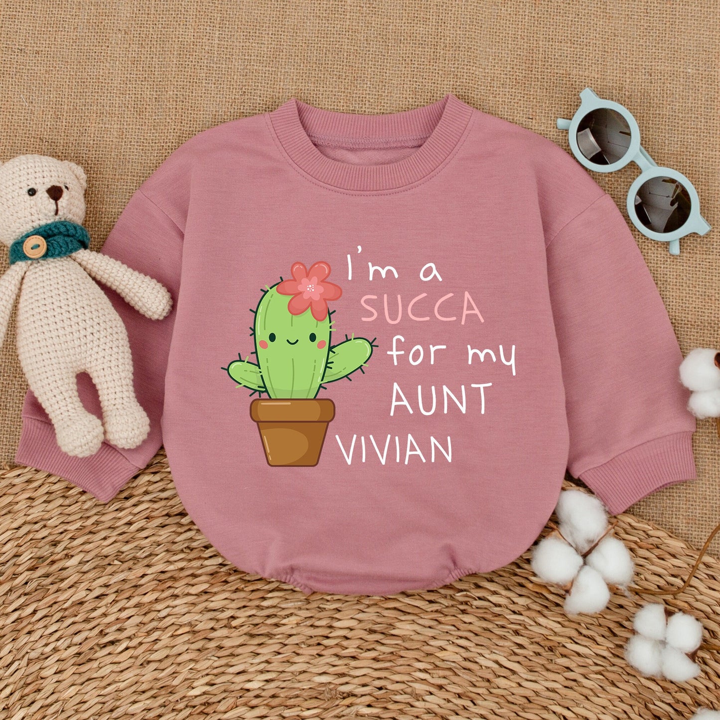 Personalized I'm a SUCCA for My Aunt Cactus Baby Romper with Adorable Pink Flower Design, Auntie's Bestie Niece Funny Baby Shower Gift