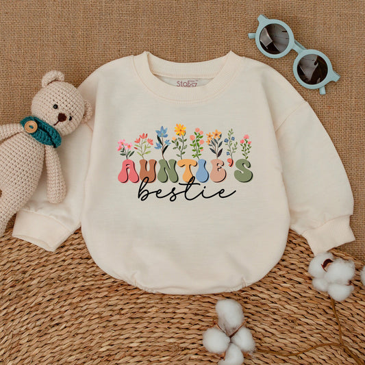 Auntie's Bestie Floral Romper for Baby Girls with Retro Flowers Colorful Vintage Design, Soft Cotton Baby Bodysuit Gift for Aunt and Niece