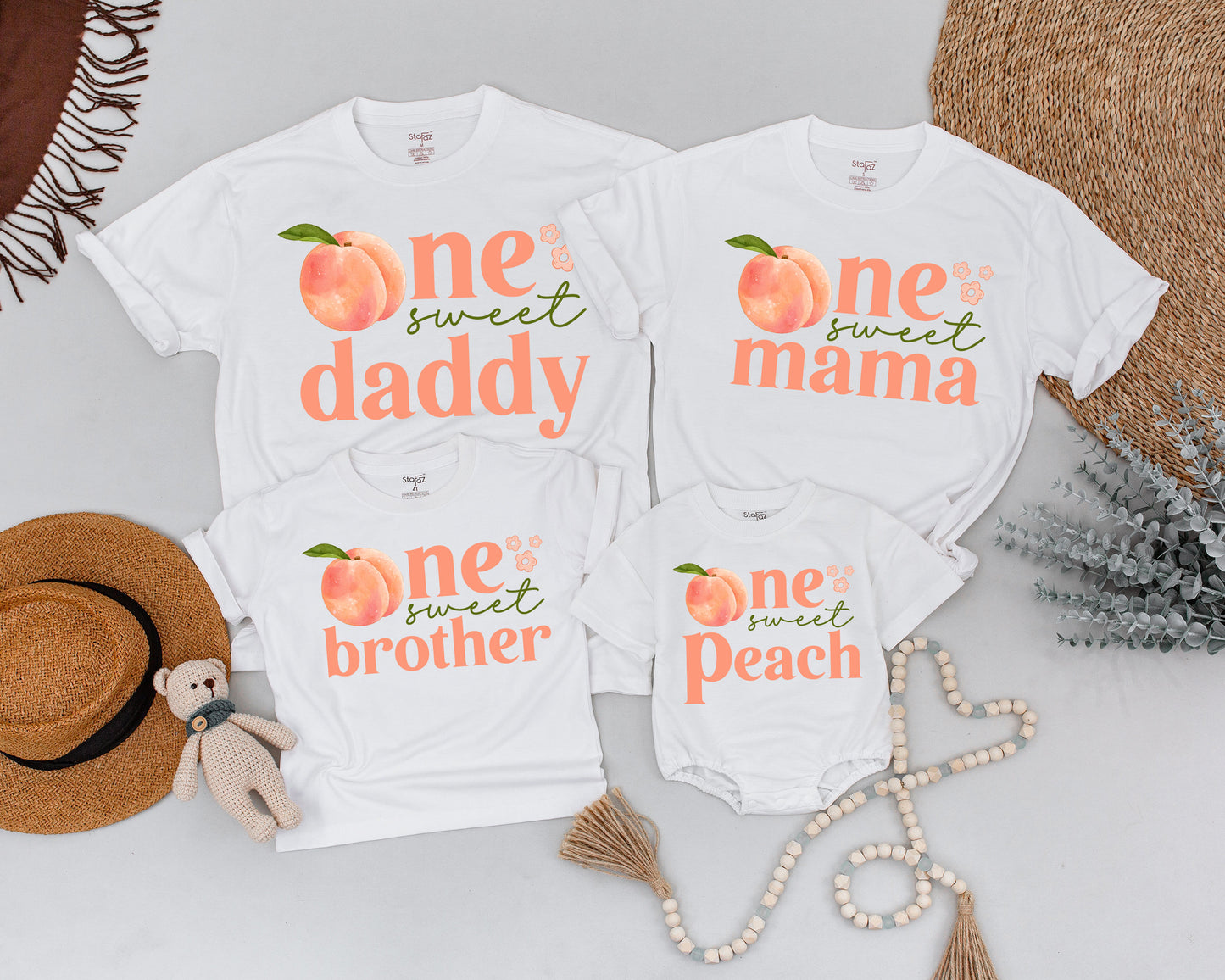 One Sweet Peach Personalized Birthday Shirt Matching Family Outfit First 1st Baby Girl Whimsical Watercolor Design Summer Cake Smash
