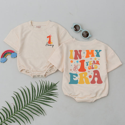 Custom Amery One Year Old Era First Birthday Short Sleeve Romper Retro Baby Bodysuit Mustard Teal Orange Party Hat Flower Star Peace Design
