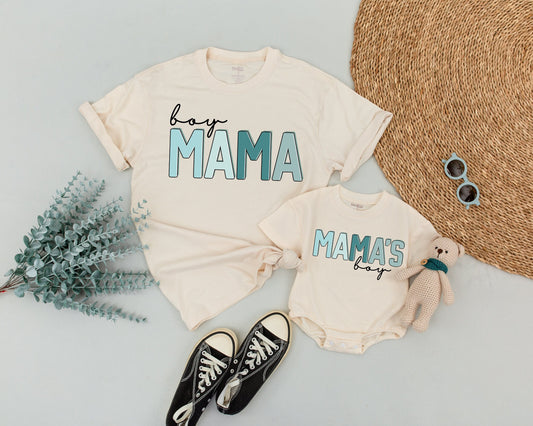 Boy Mama Mamas Boy Matching Shirts for Mom & Son Modern Playful Blue Block Letters Cursive Boy Design Toddler Tee Baby Shower Gift Family Outfit