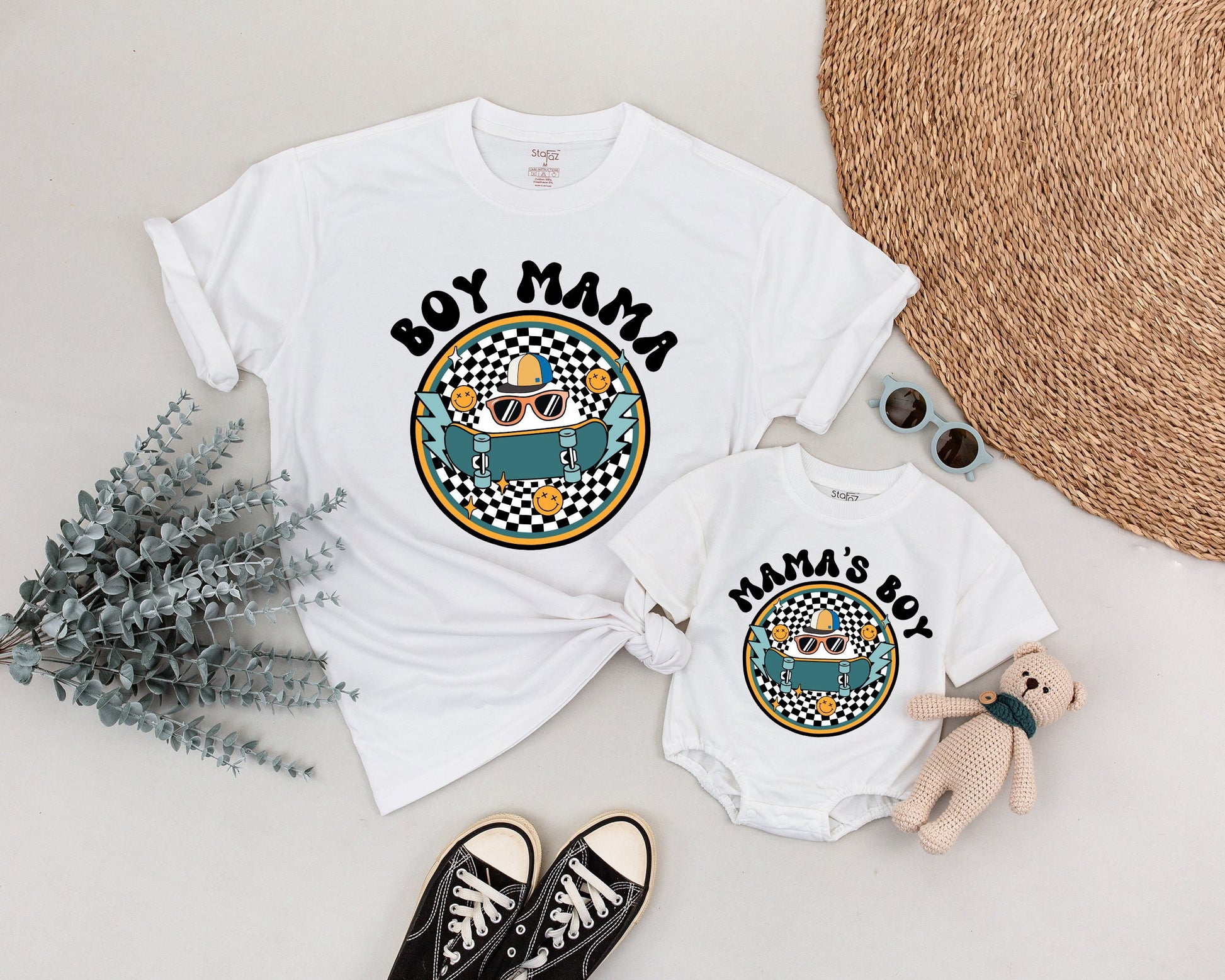 Personalized Matching Boy Mama Son Shirts Retro Skateboard Groovy Mom & Me Outfit Checkerboard Smiley Face Vintage Family Birthday Celebration Set
