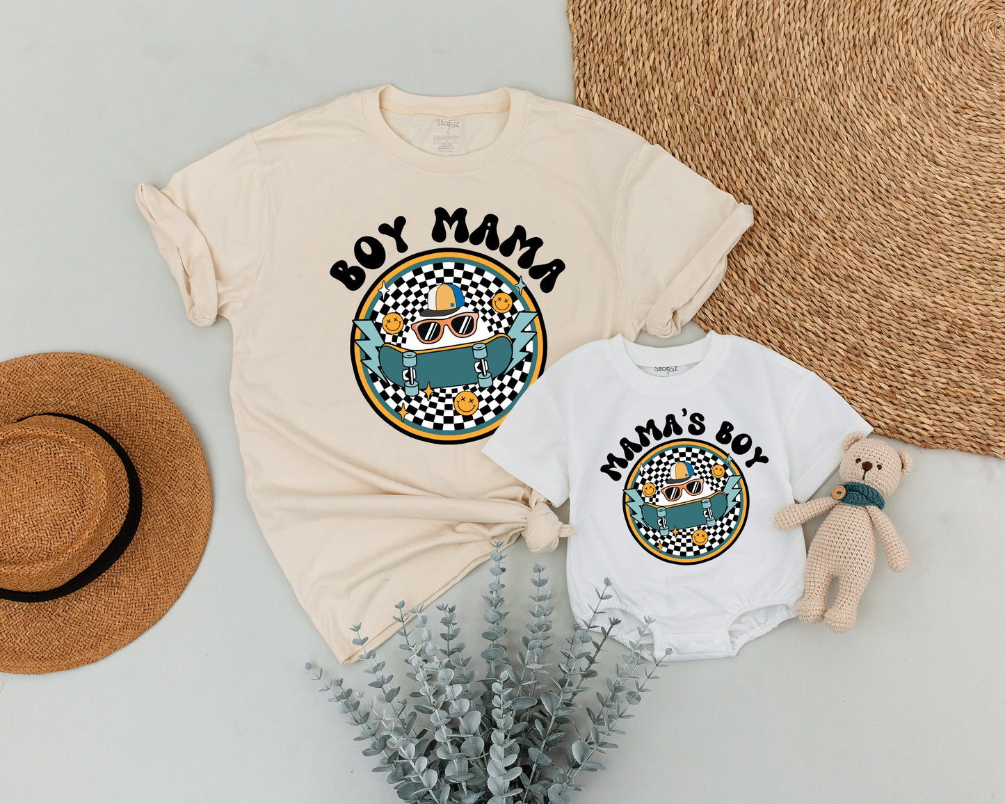 Personalized Matching Boy Mama Son Shirts Retro Skateboard Groovy Mom & Me Outfit Checkerboard Smiley Face Vintage Family Birthday Celebration Set