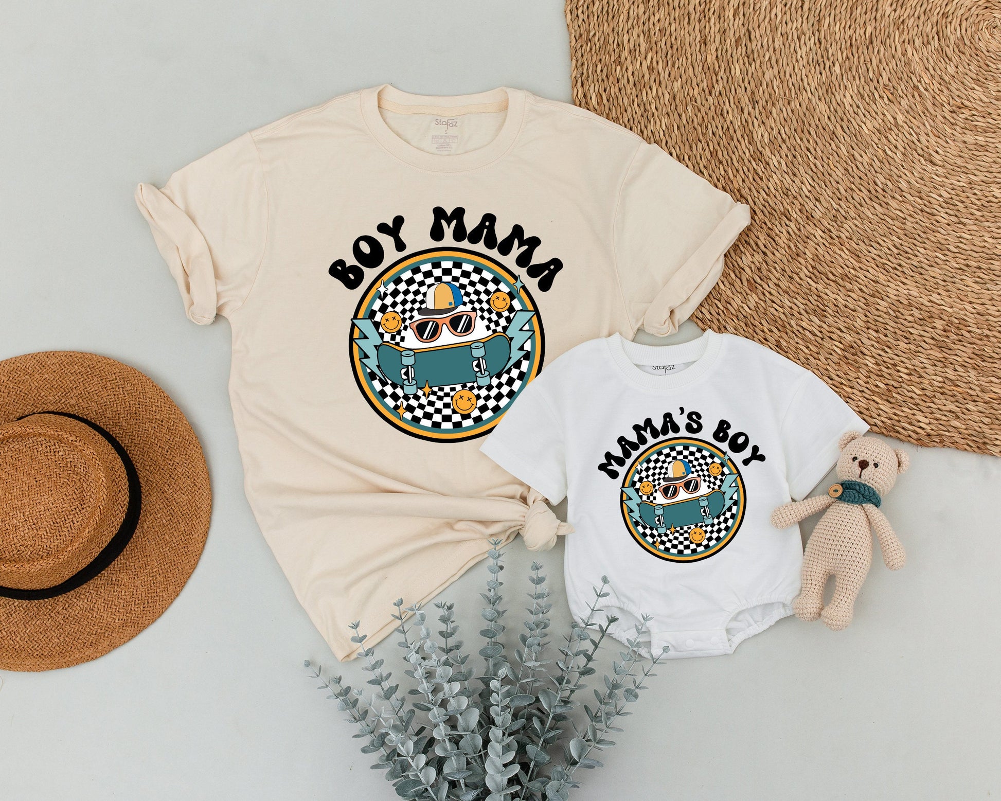 Personalized Matching Boy Mama Son Shirts Retro Skateboard Groovy Mom & Me Outfit Checkerboard Smiley Face Vintage Family Birthday Celebration Set