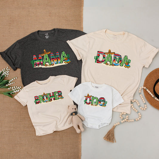 My First Fiesta Birthday Family Matching Outfits with Vibrant Mexican Cacti Pinata Stripe Design Baby One Mama Dada Brother Shirts