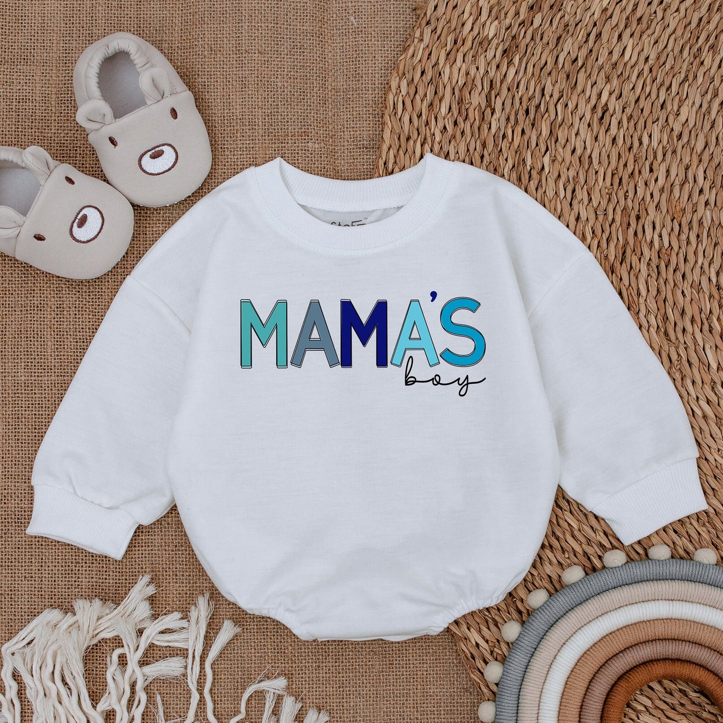 My Mama's Boy Era Romper Blue Tones Baby Bodysuit Modern Playful Infant Outfit New Mom Gift for Baby Shower Coming Home