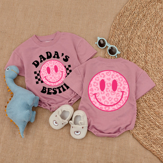 Dada's Bestie Baby Girl Romper with Pink Heart Smiley Face, Black Checkered Design, Daddy's Girl Outfit, Gift