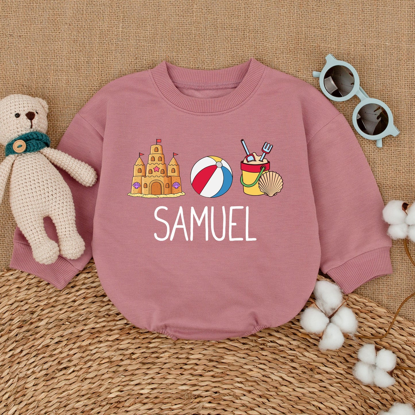 Personalized Retro Beach Bubble Romper Custom Sandcastle Baby Bodysuit Newborn Unisex Summer Vacation Outfit