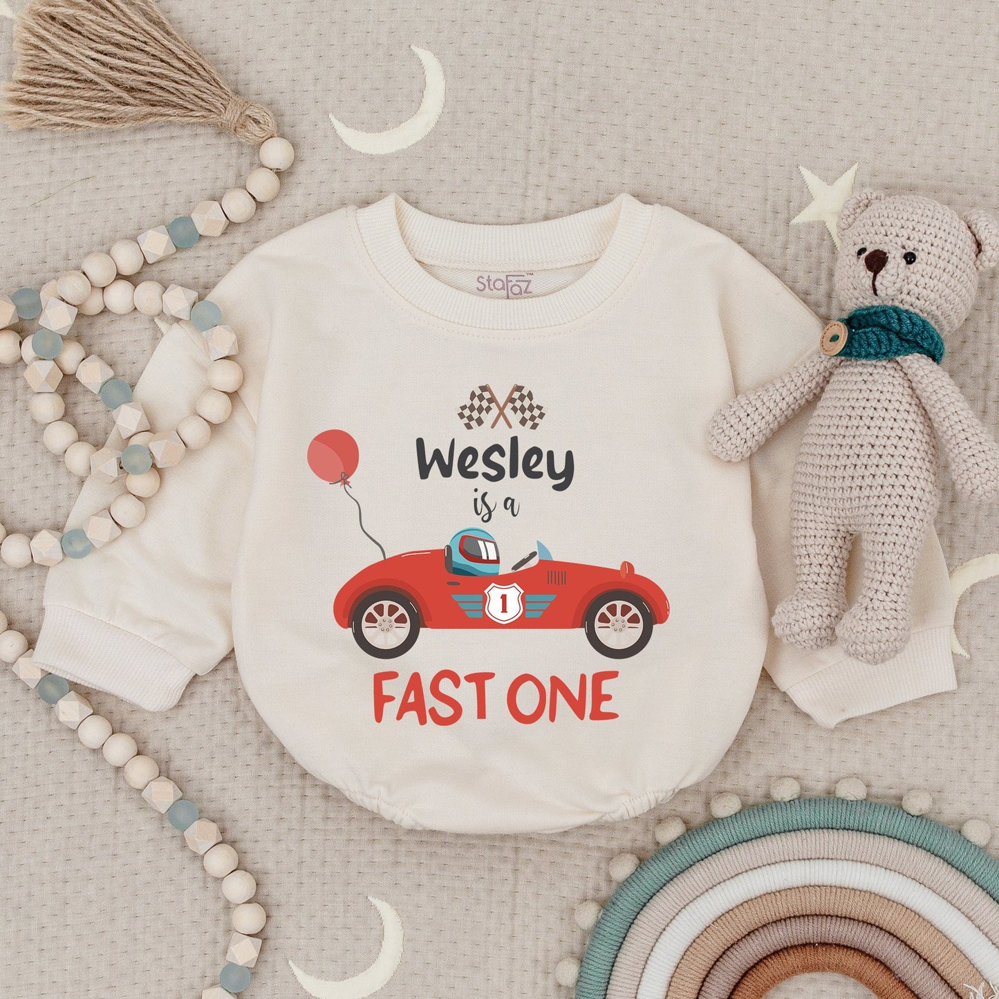 Personalized Fast One Race Car Bubble Romper, Wesley is a Fast One, 1st Birthday Outfit Baby Boy, Racing Birthday, Custom Name, Cheerful Celebration 139
