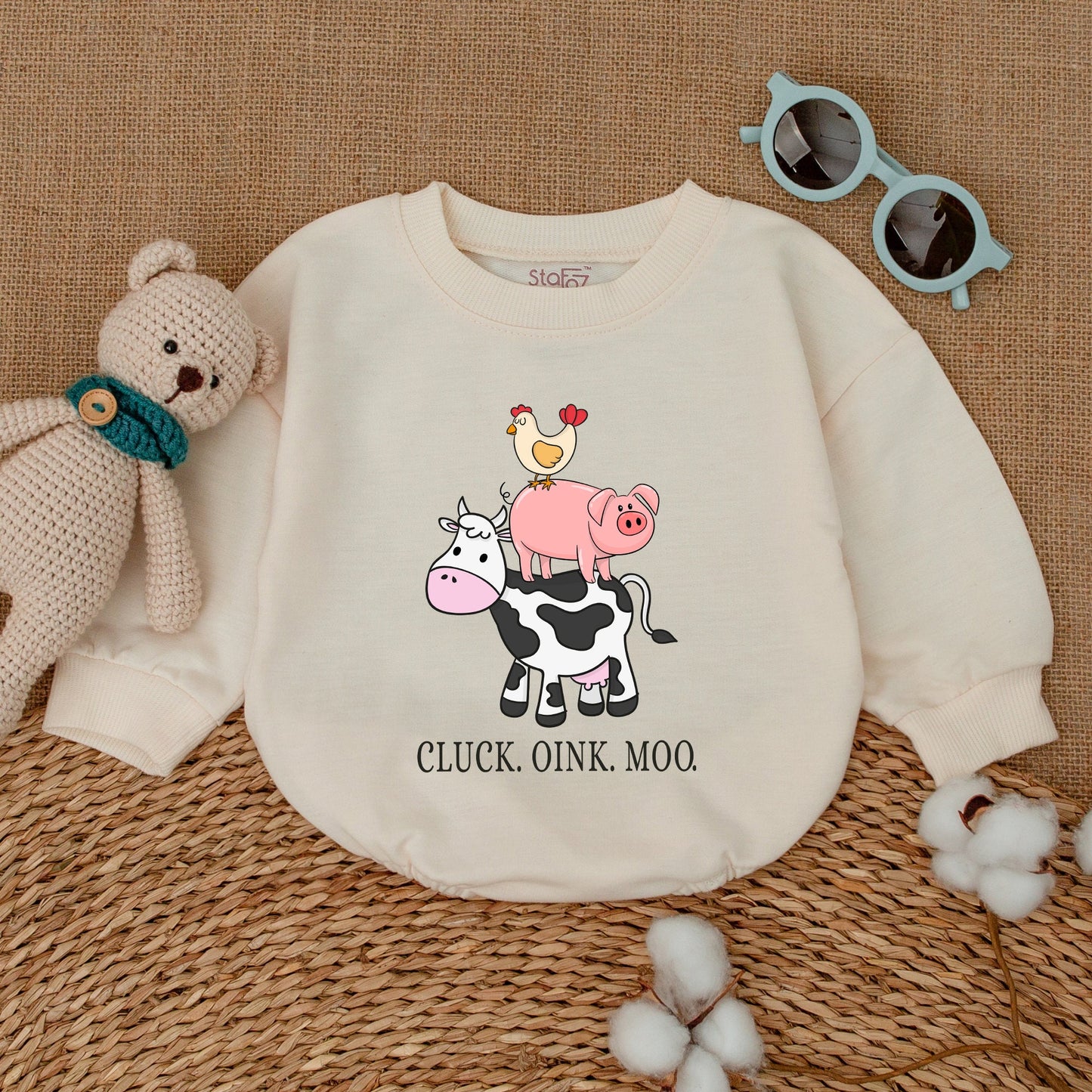 Cute Farm Animal Baby Romper | Cluck Oink Moo Barnyard Sounds Bubble Bodysuit | Western Baby Gift for Girl or Boy Announcement