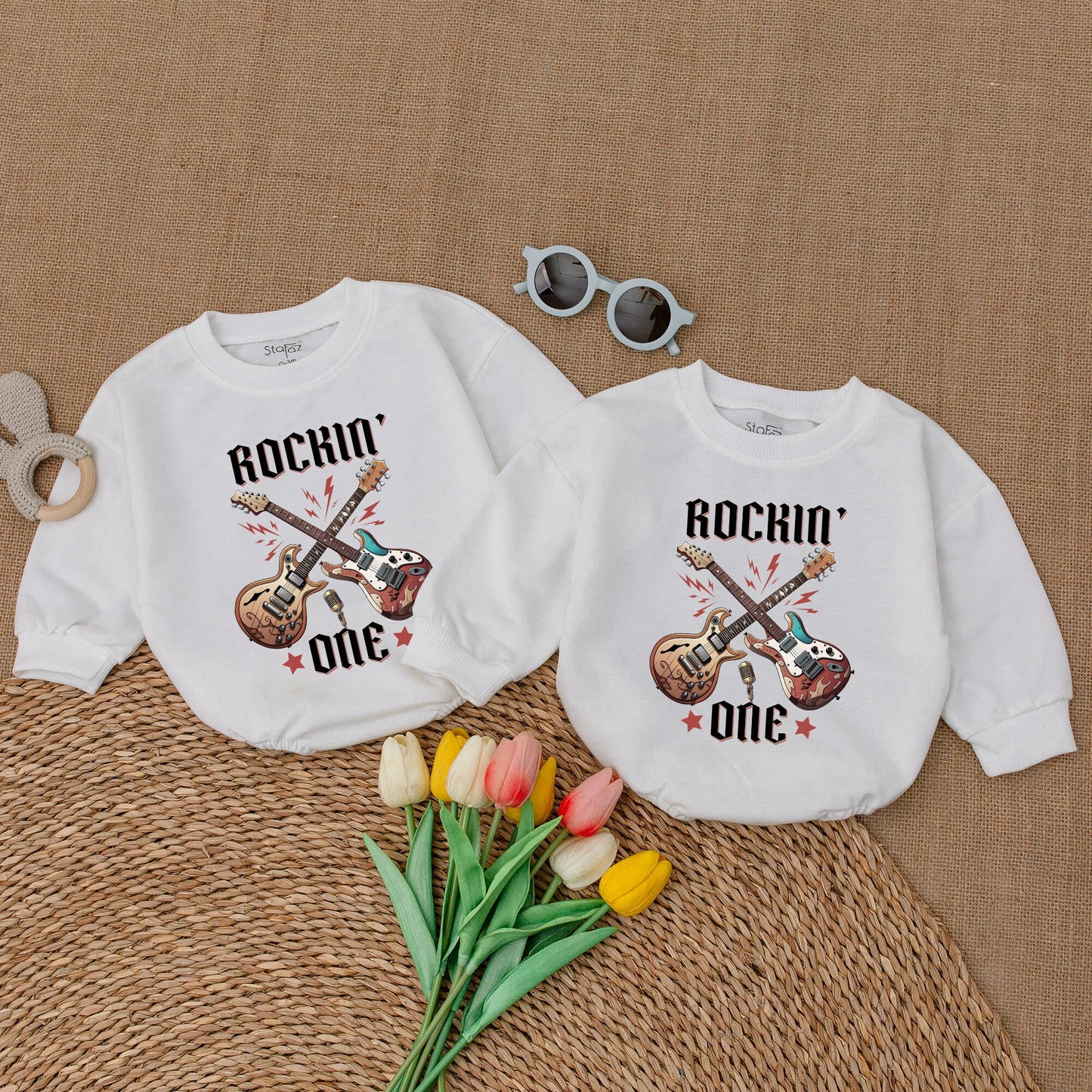Rockin' One Birthday Romper Baby Boy Rock n Roll 1st Birthday Bodysuit Rock Star Outfit Matching Family Clothes