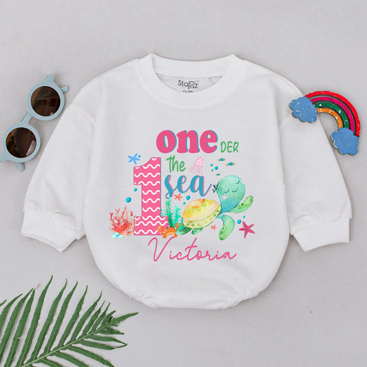 One-der the Sea Romper First Birthday Outfit Girl Under the Sea Theme Pink Teal Coral Jellyfish Turtle Starfish Toddler Gift
