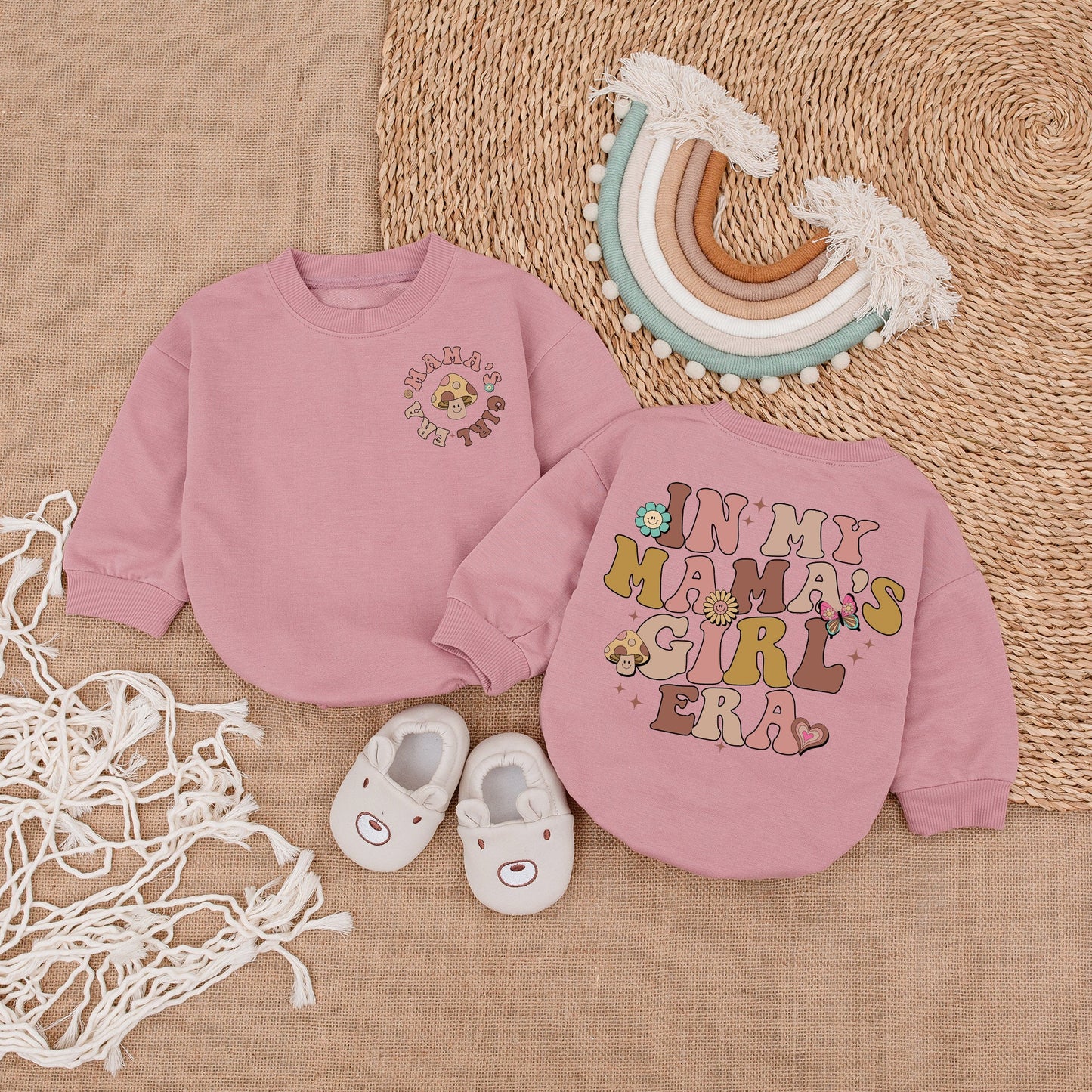Mama's Girl Era Retro Baby Girl Romper, Groovy 70s Pastel Mushroom Flower Butterfly Heart Design Bodysuit Outfit Comfortable Cotton Gift