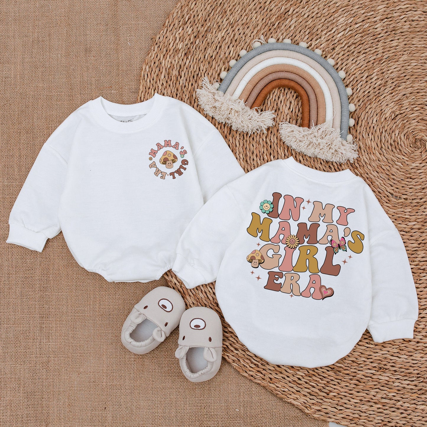 Mama's Girl Era Retro Baby Girl Romper, Groovy 70s Pastel Mushroom Flower Butterfly Heart Design Bodysuit Outfit Comfortable Cotton Gift