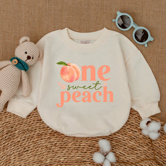 One Sweet Peach Baby Girl Romper First Birthday Outfit with Cute Watercolor Peach & Floral Design Soft Cotton Smash Cake Bodysuit