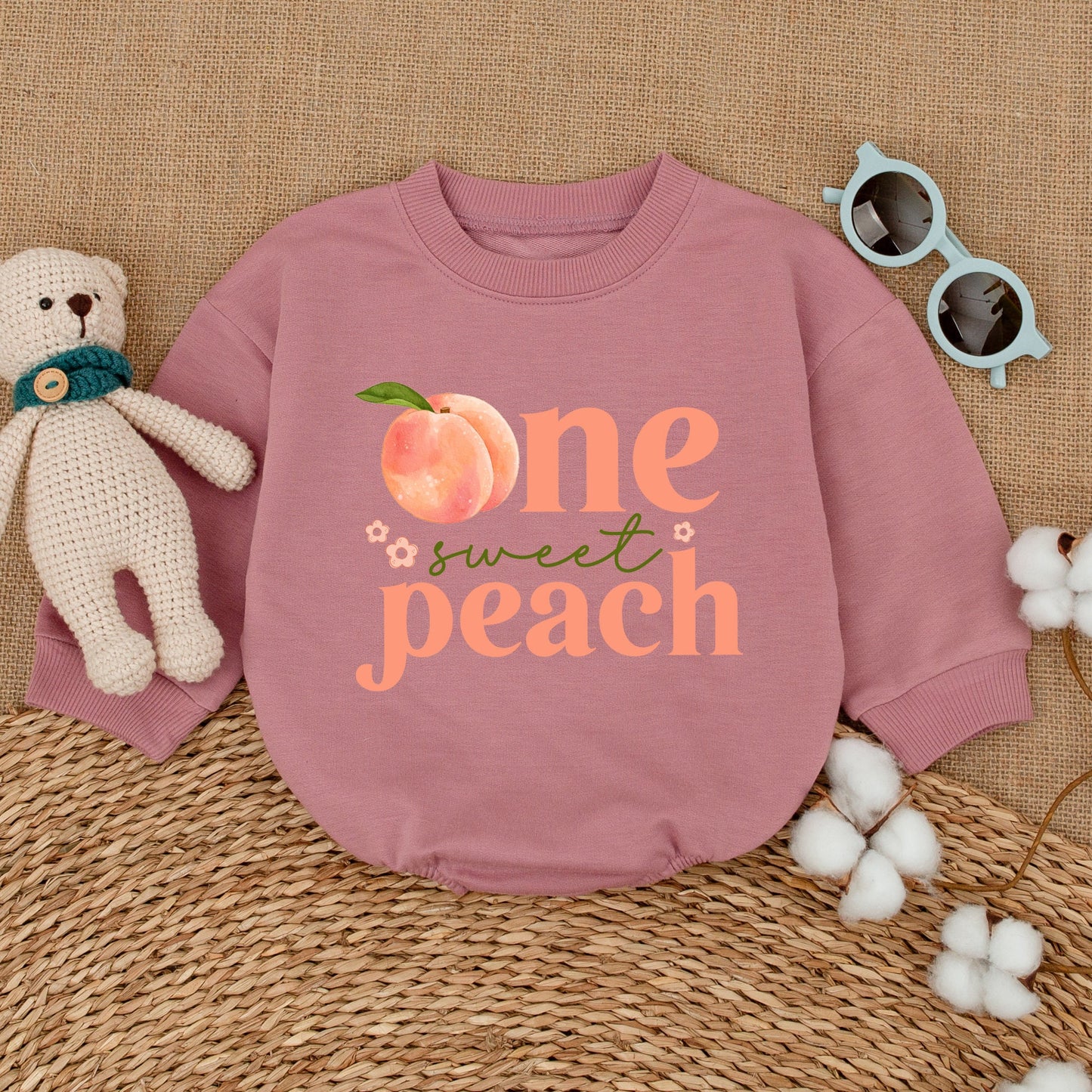One Sweet Peach Baby Girl Romper First Birthday Outfit with Cute Watercolor Peach & Floral Design Soft Cotton Smash Cake Bodysuit