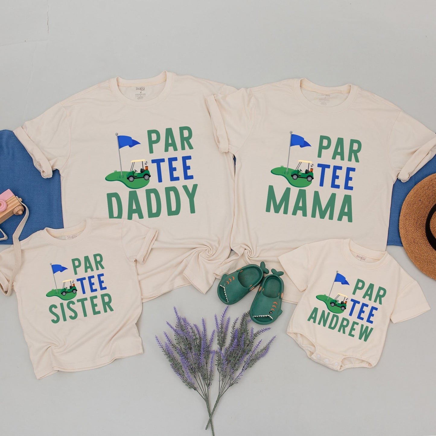 Playful Par Tee Golf Birthday Shirt for Boys First Birthday Party featuring Green Blue Yellow Golf Cart Design Soft Cotton Tee