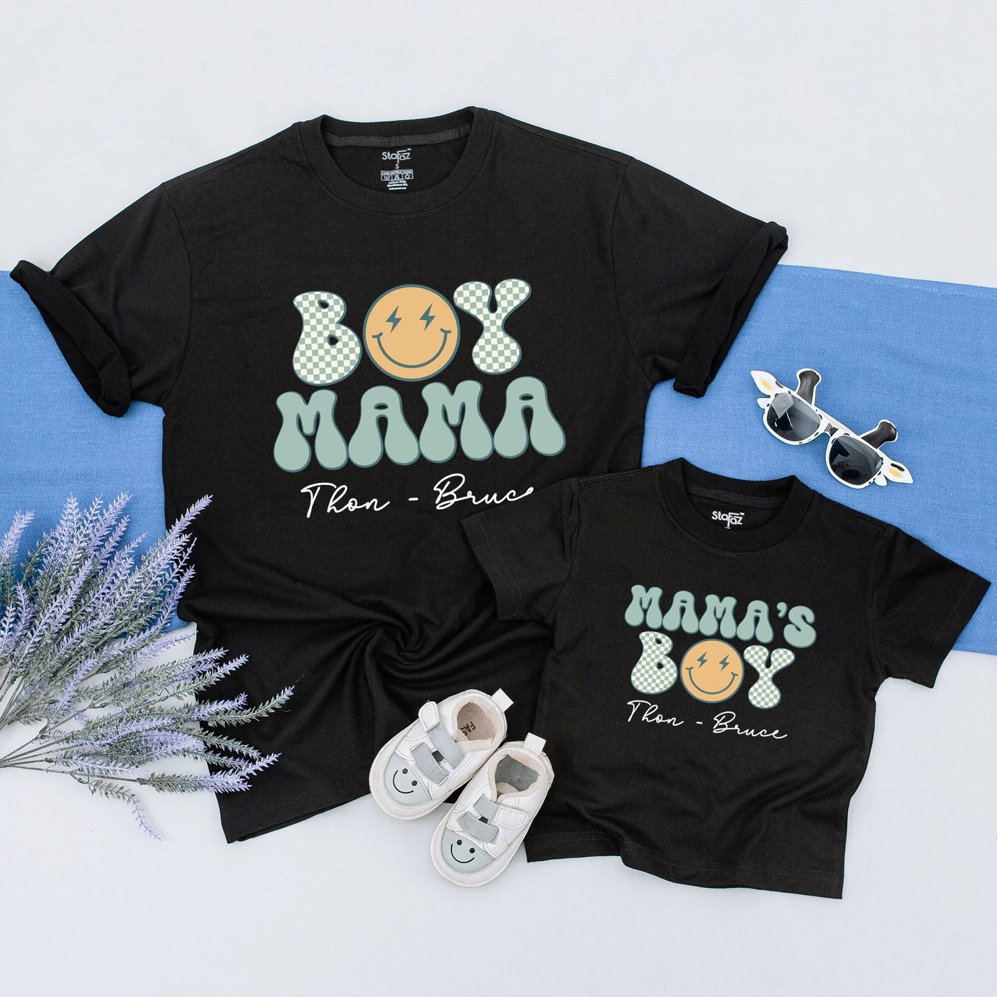 Personalized Retro Mama and Son Matching Shirts Boy Mama Checkered Smiley Face Design Light Blue Yellow New Mom Baby Shower Gift