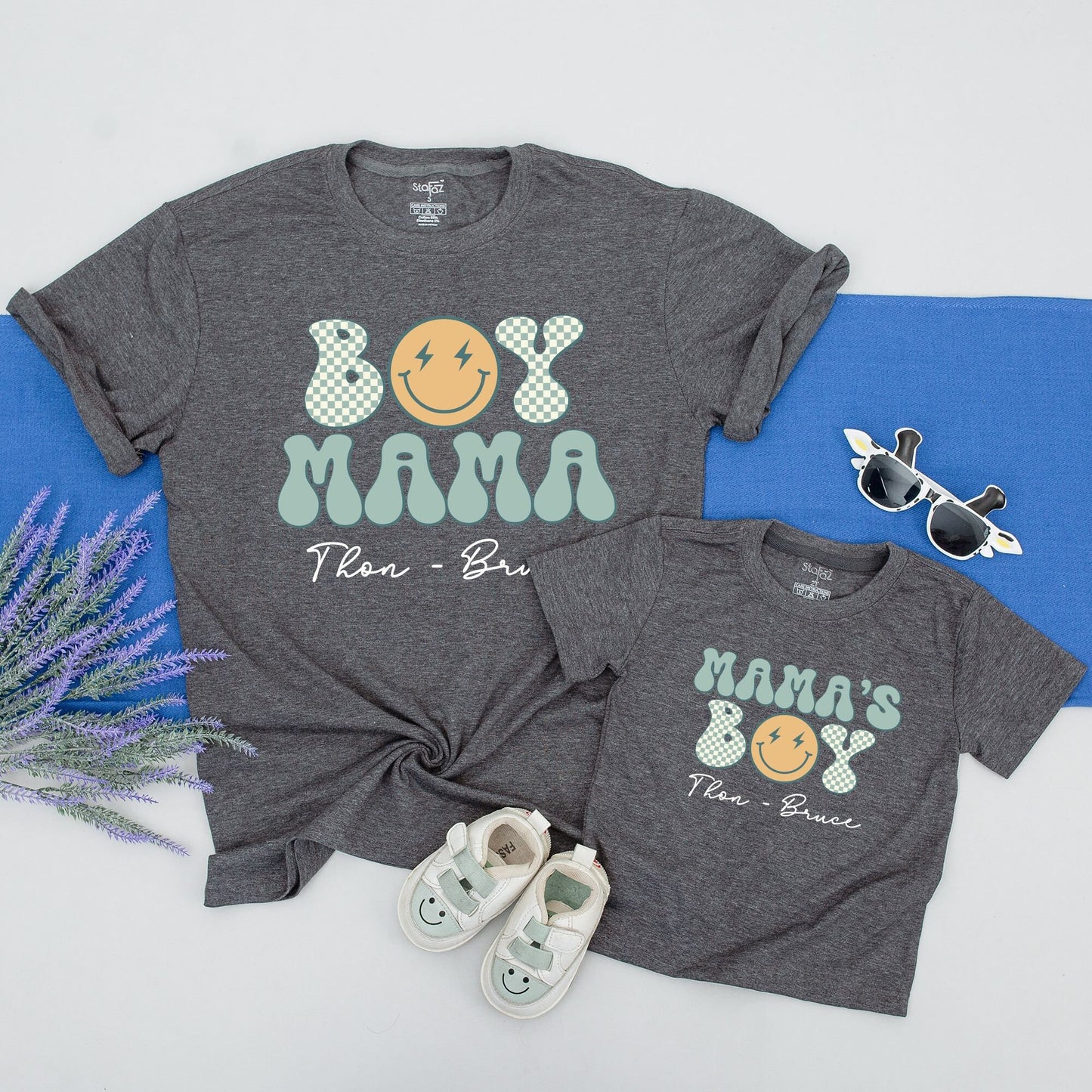 Personalized Retro Mama and Son Matching Shirts Boy Mama Checkered Smiley Face Design Light Blue Yellow New Mom Baby Shower Gift