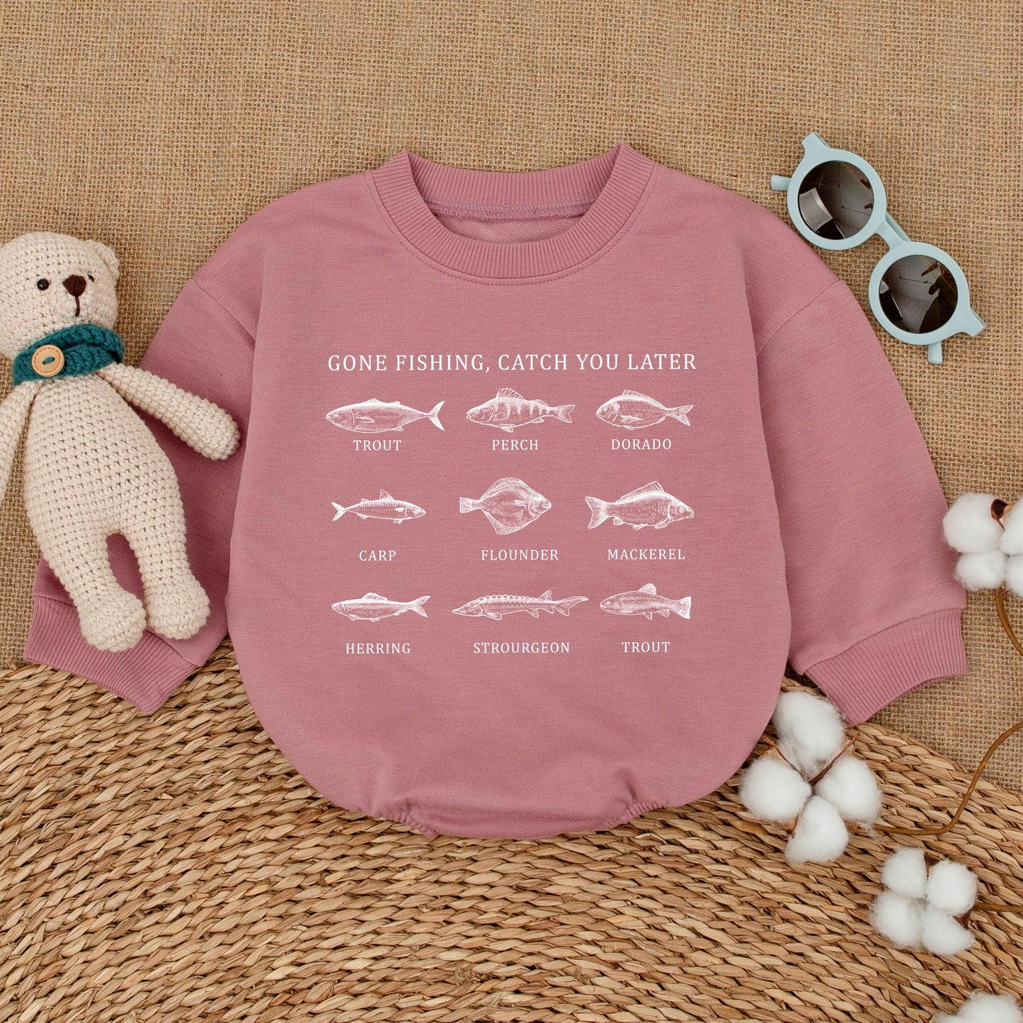 Gone Fishing Catch You Later Black & White Fish Print Baby Romper featuring vintage style fish illustrations adorable newborn bodysuit gift