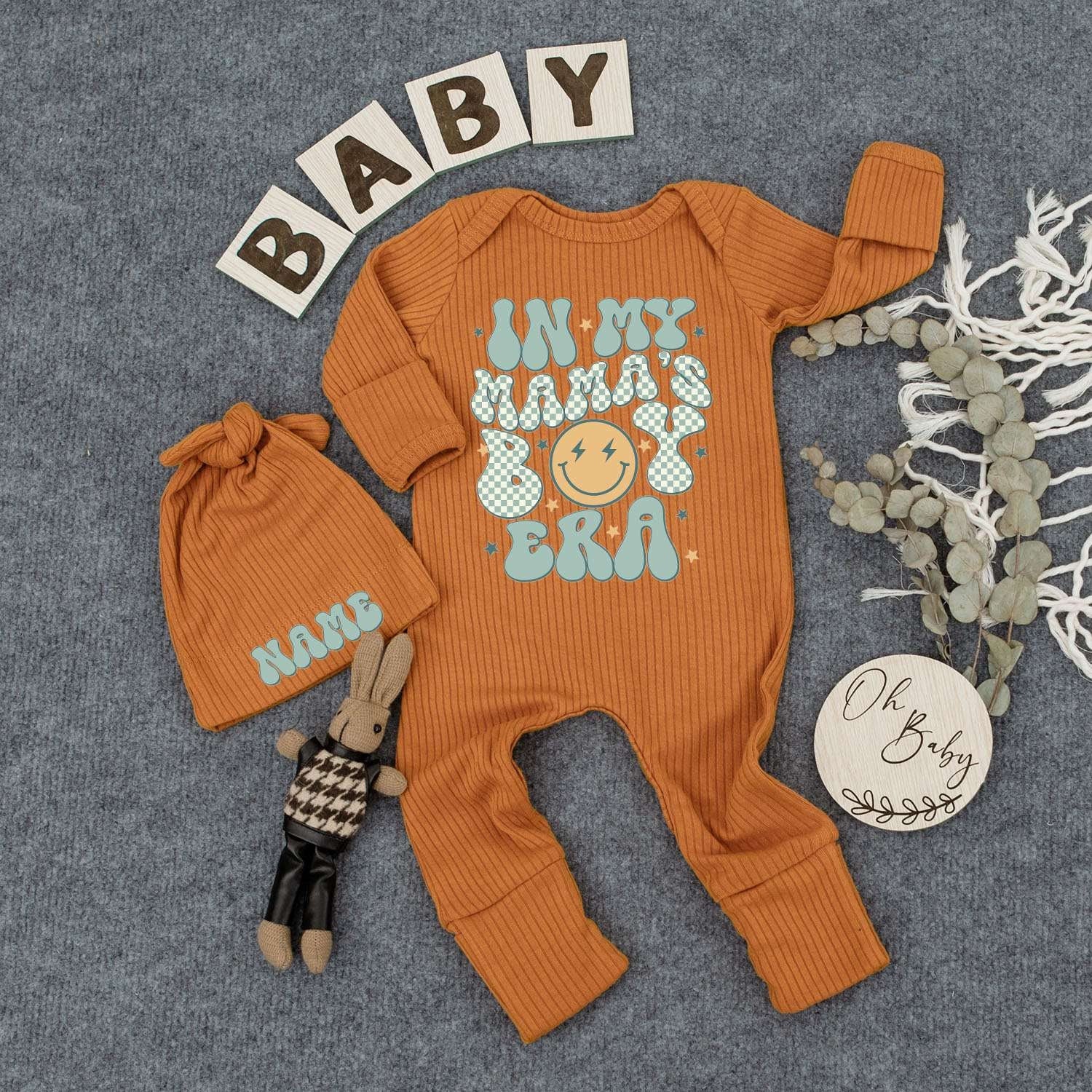 Personalized In My Mama's Boy Era Baby Bodysuit Hat Set Cute Retro Smiley Face Newborn Outfit Light Blue Checkerboard Pattern Soft Cotton