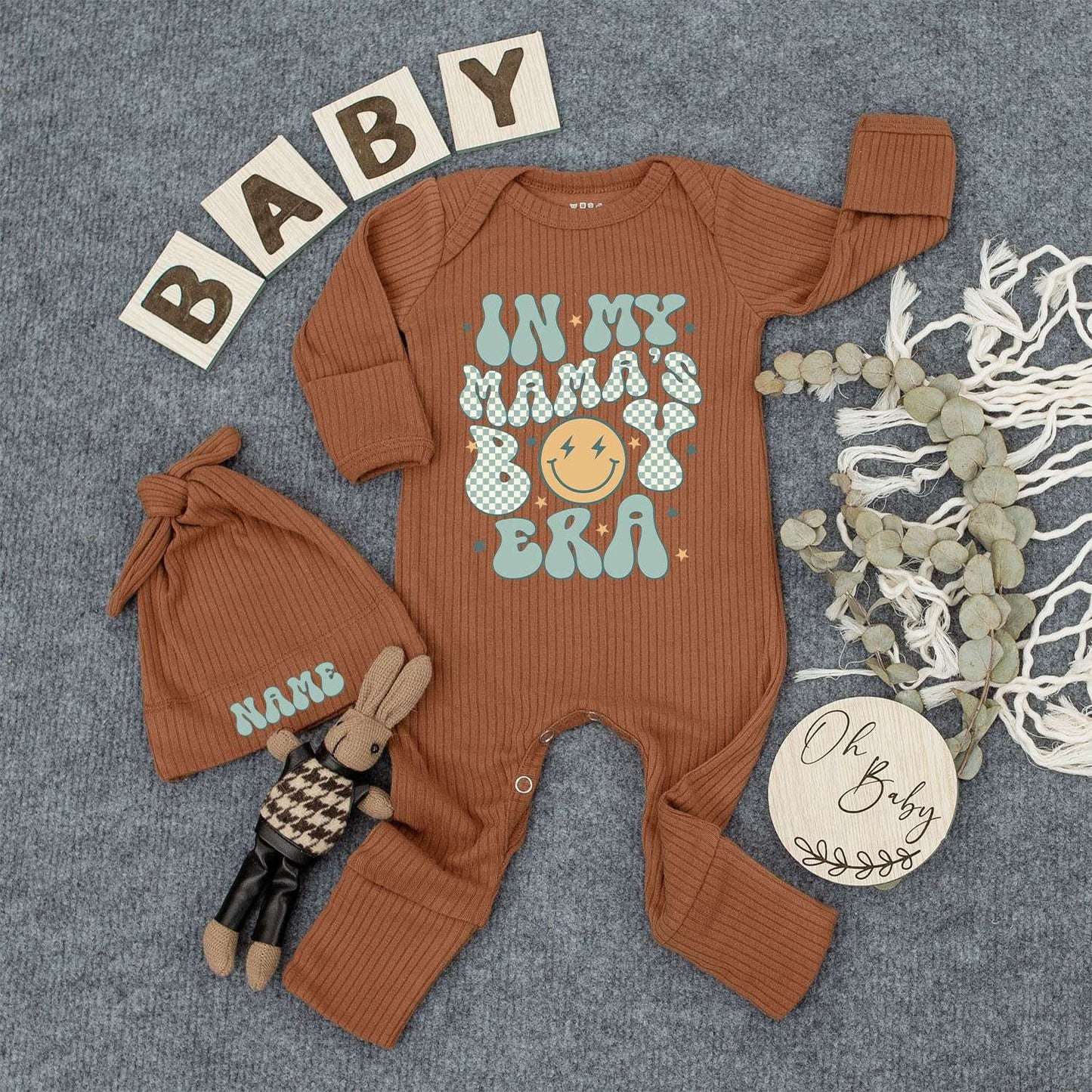 Personalized In My Mama's Boy Era Baby Bodysuit Hat Set Cute Retro Smiley Face Newborn Outfit Light Blue Checkerboard Pattern Soft Cotton