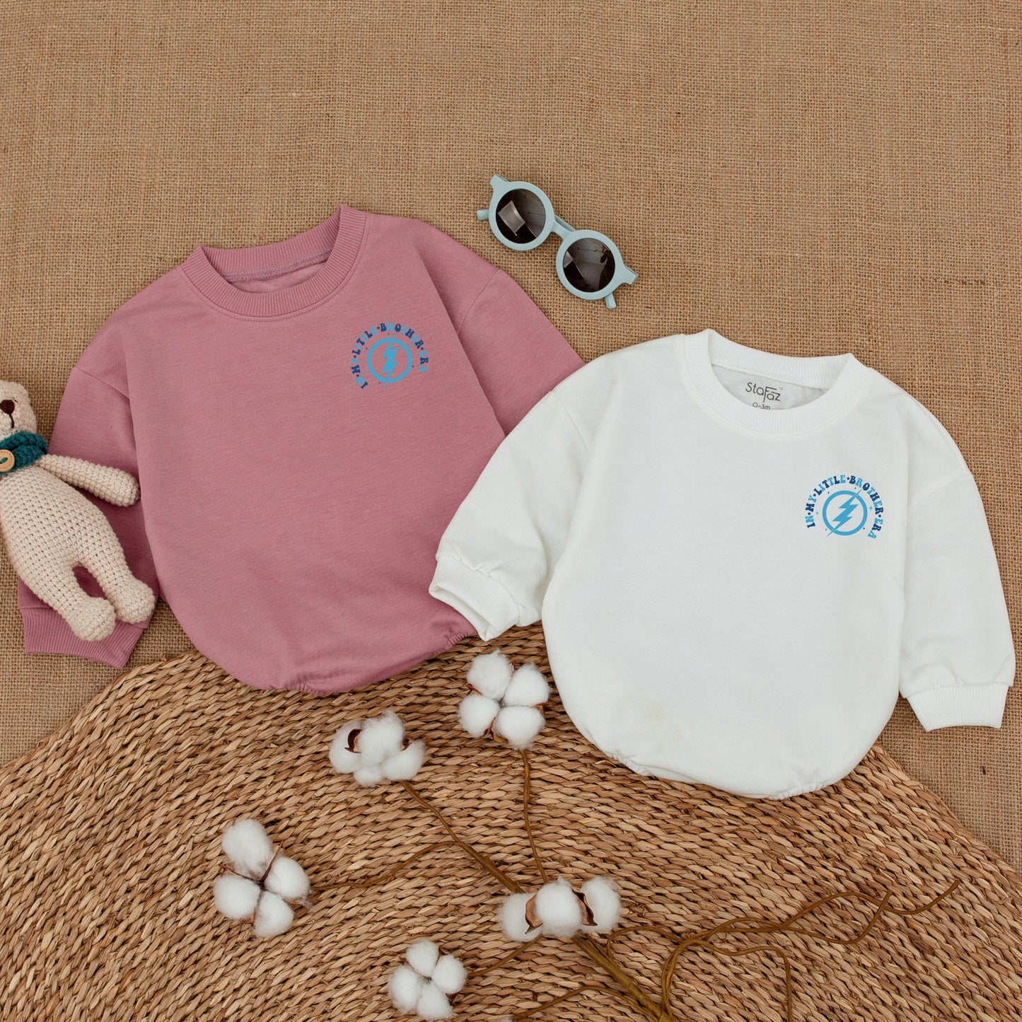 In My Little Brother Era Romper Baby Boy Retro Wavy Blue Text Star Bodysuit Newborn Bubble Outfit Lil Brother Shower Gift