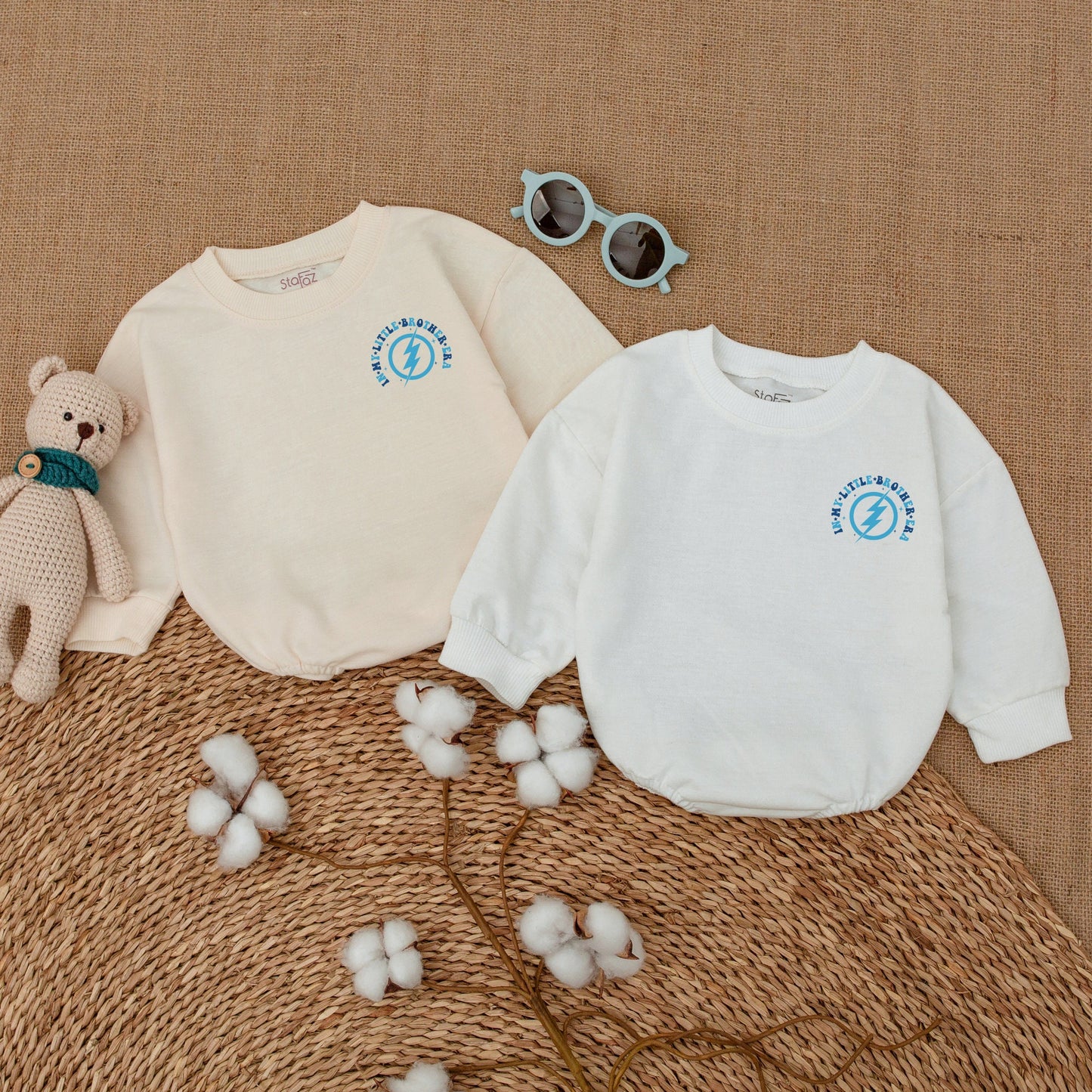 In My Little Brother Era Romper Baby Boy Retro Wavy Blue Text Star Bodysuit Newborn Bubble Outfit Lil Brother Shower Gift