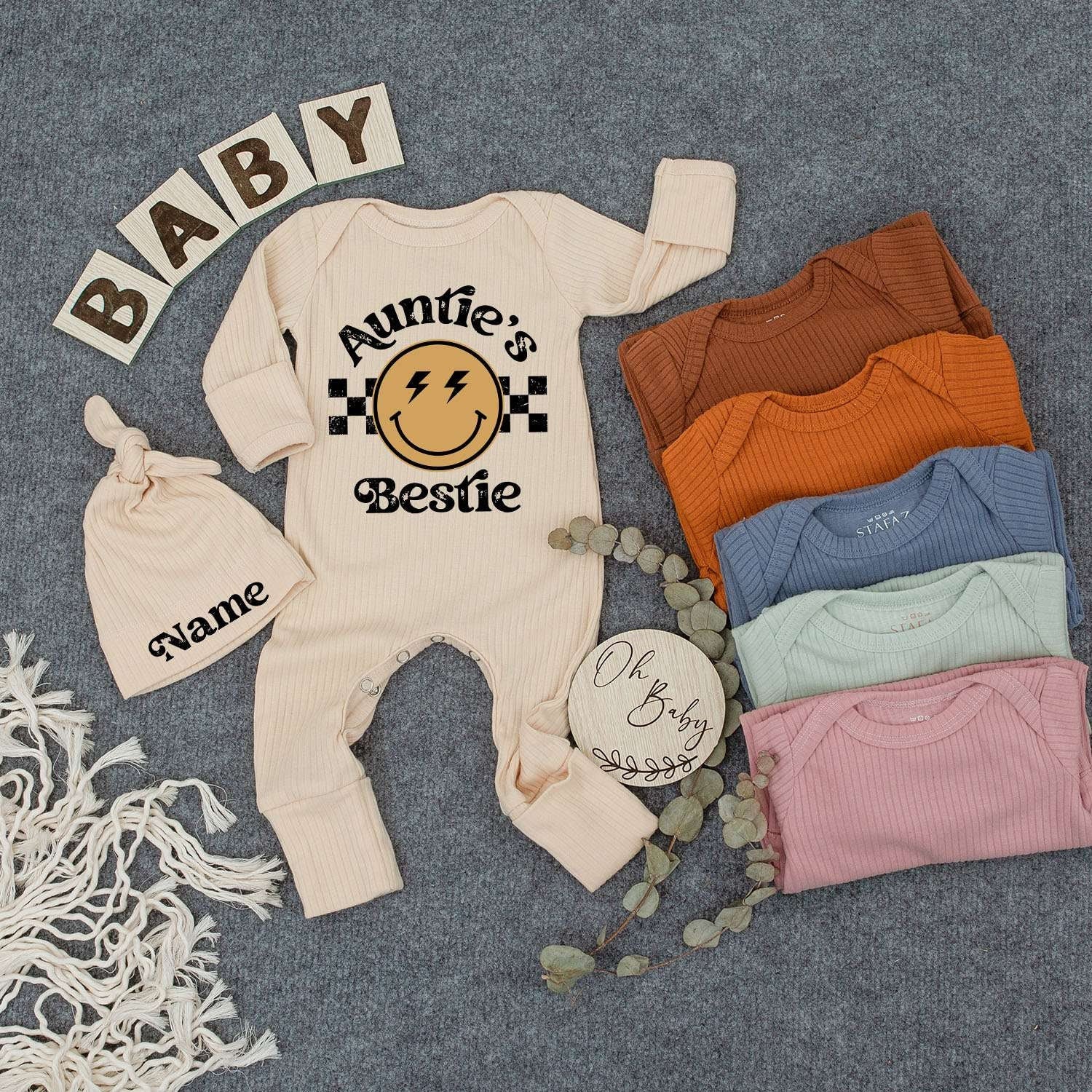 Personalized Auntie's Bestie Baby Romper and Hat Set featuring Smiley Face Lightning Bolts Checkered Pattern Newborn Outfit Gift for Boy Girl