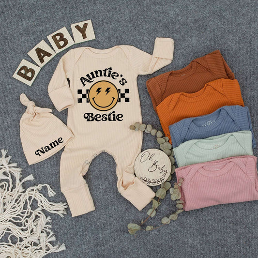Personalized Auntie's Bestie Baby Romper and Hat Set featuring Smiley Face Lightning Bolts Checkered Pattern Newborn Outfit Gift for Boy Girl