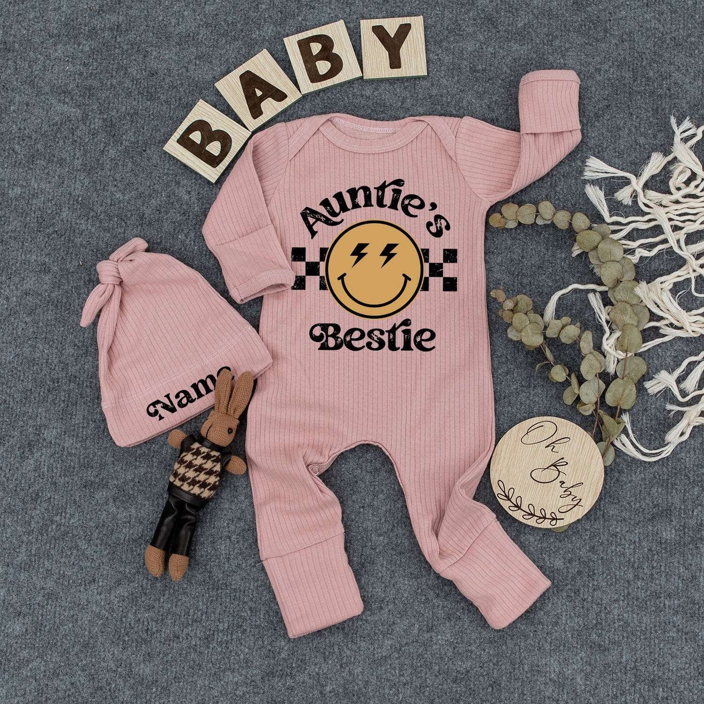 Personalized Auntie's Bestie Baby Romper and Hat Set featuring Smiley Face Lightning Bolts Checkered Pattern Newborn Outfit Gift for Boy Girl