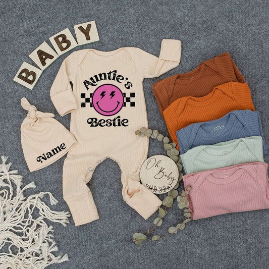 Auntie's Bestie Custom Newborn Girl Bodysuit & Hat Set with Pink Smiley Face Lightning Eyes Checkered Retro Cute Playful Baby Shower Gift Outfit