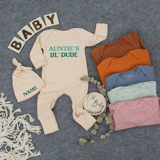Personalized Auntie's Lil' Dude Baby Bodysuit Hat Set with Custom Name Cap Blue-Green Modern Font Gender Neutral Newborn Infant Outfit for Baby Shower Gift Going Home